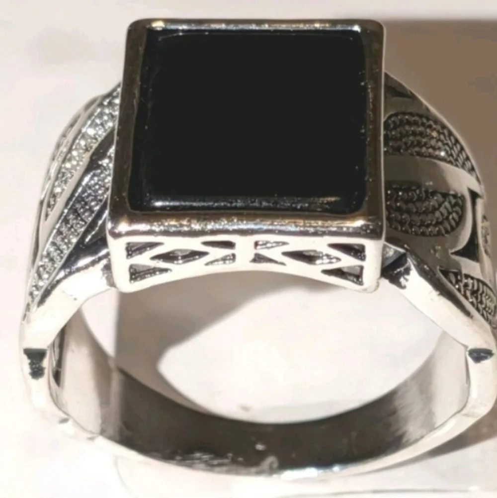 14k White gold Plated Over Sterling silver Turkish Gemstone Black Onyx Mens Ring
